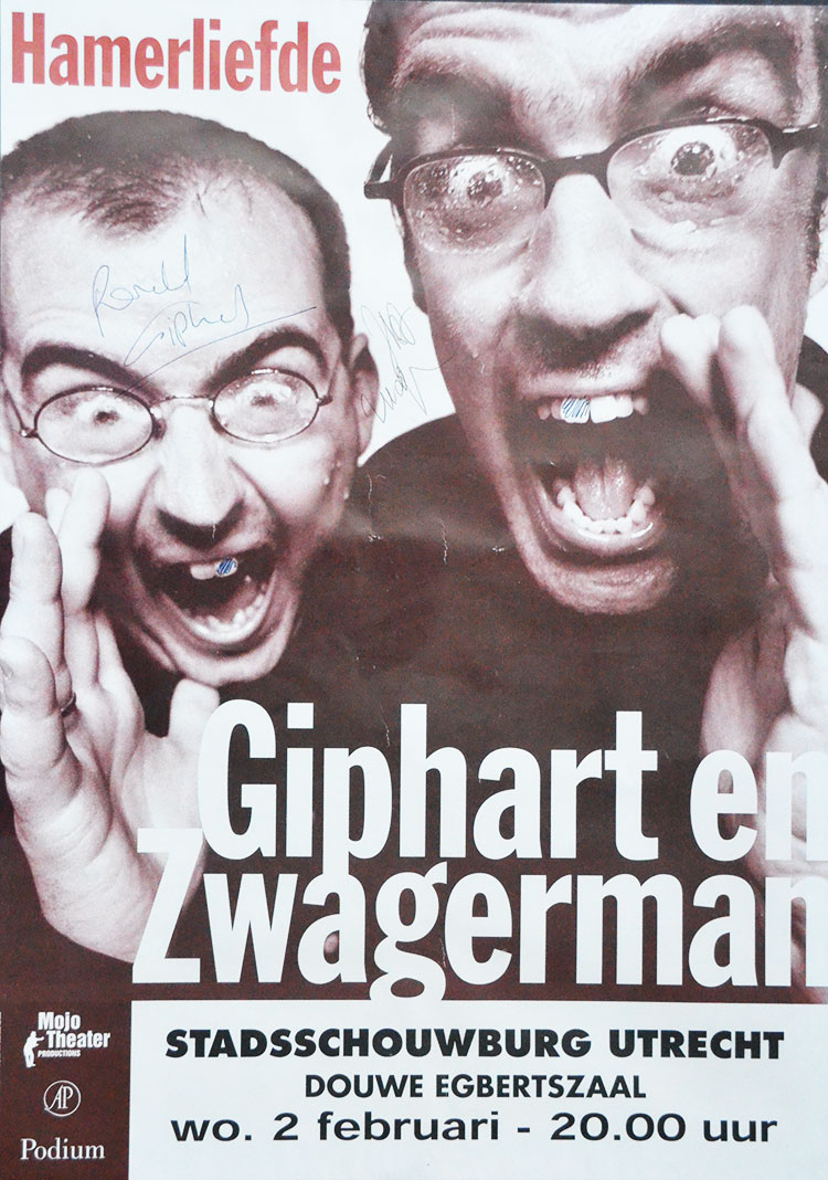 Poster voor de theatershow Hamerliefde van Ronald Giphart en Joost Zwagerman voor een optreden van 2 februari 2000 in de Stadsschouwburg Utrecht