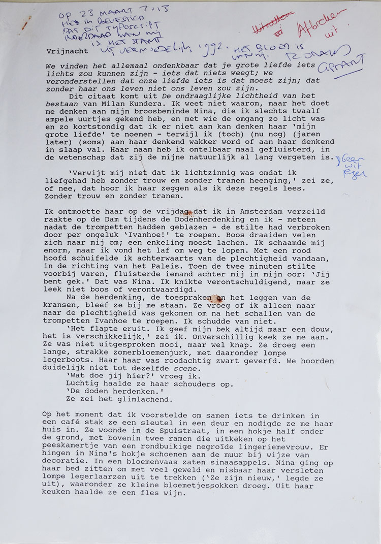 Typoscript van het verhaal Vrijnacht uit Het feest der liefde uit 1995 van Ronald Giphart.